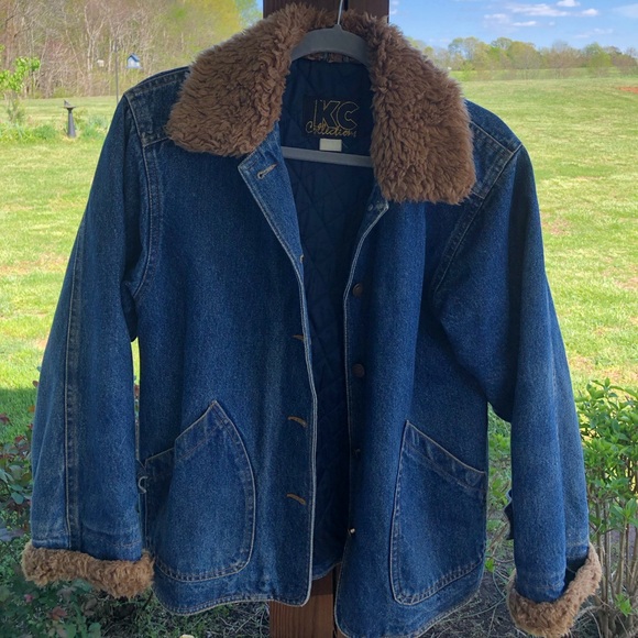 Vintage Trucker Jacket-KC COLLECTION Blue Denim Jacket with Brown Fur Trim - Picture 1 of 7